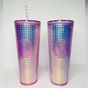 Starbucks 2020 Lot Of 2 Iridescent Pink Grid Disco Holiday Tumbler Venti 24oz.